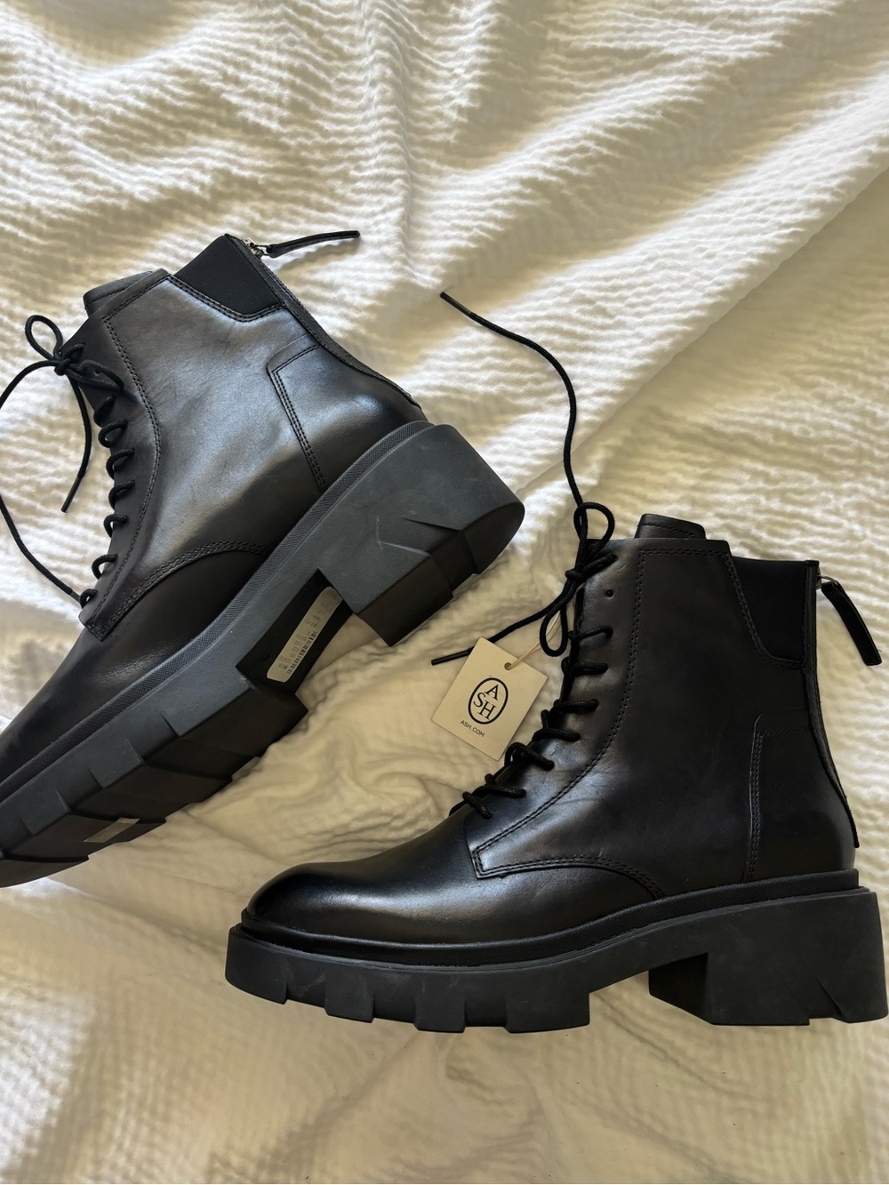 Ash Black Leather Chunky Combat Boots